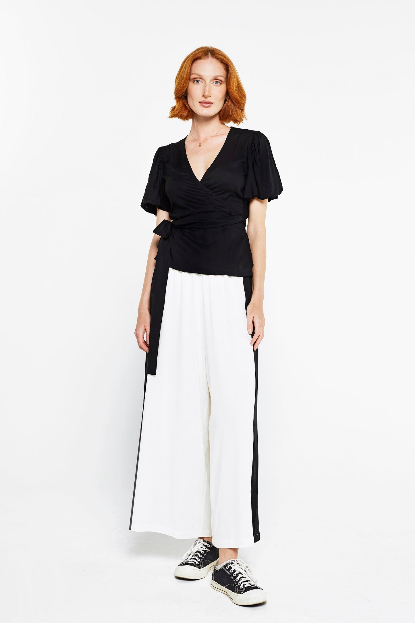 Balloon Sleeve Wrap Top - Black
