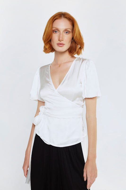 Balloon Sleeve Wrap Top - White